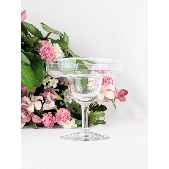 Set of 2 Vintage Margarita Glasses Pair of Elegant Etched Star 1960s Stemware - Picture 6 of 7
